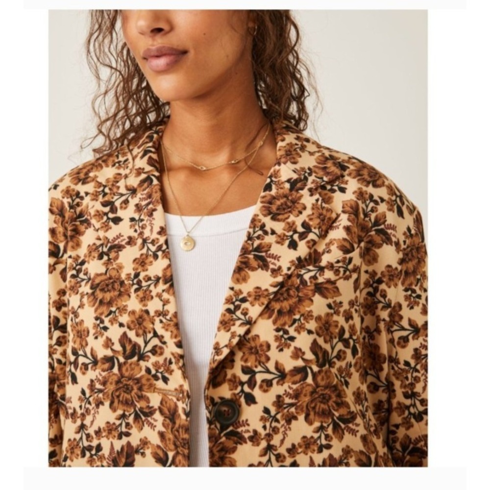 Free People Cali Floral Print Boxy Single Breasted Blazer Sand Sable Size L $168 - Picture 4 of 16